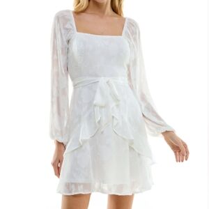Trixxi Juniors' Tie-Waist Ruffled Jacquard Dress - White